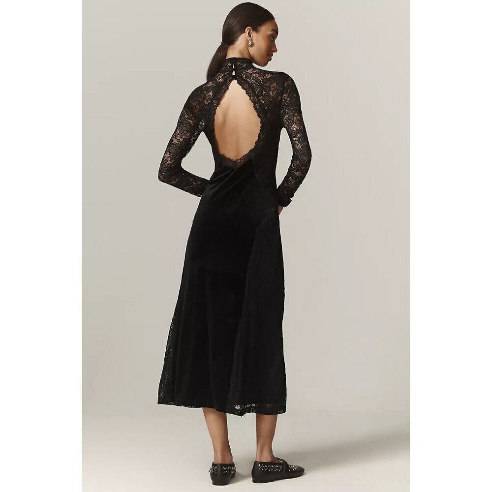 Anthropologie Black Mock Neck Lace Velvet Slip Midi Dress Romantic Whimsical NWT